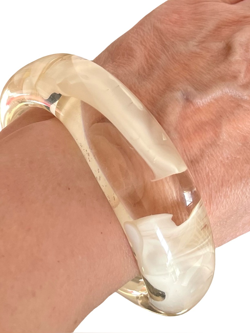 Vintage Lucite Translucent Bangle Bracelet With White Swirl